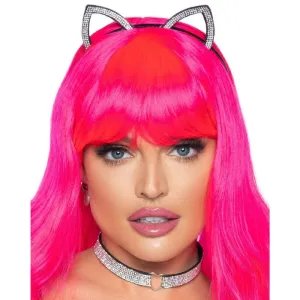 2 PC Faux rhinestone cat ear headband and heart choker Silver O/S Poly Bag