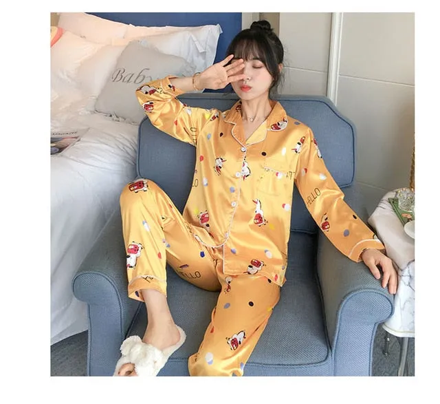 2019 Autumn Women's Pajamas Sets with Flower Print Fashion Luxury Female Faux Silk Two Pieces Shirts   Pants Nighties Sleepwear