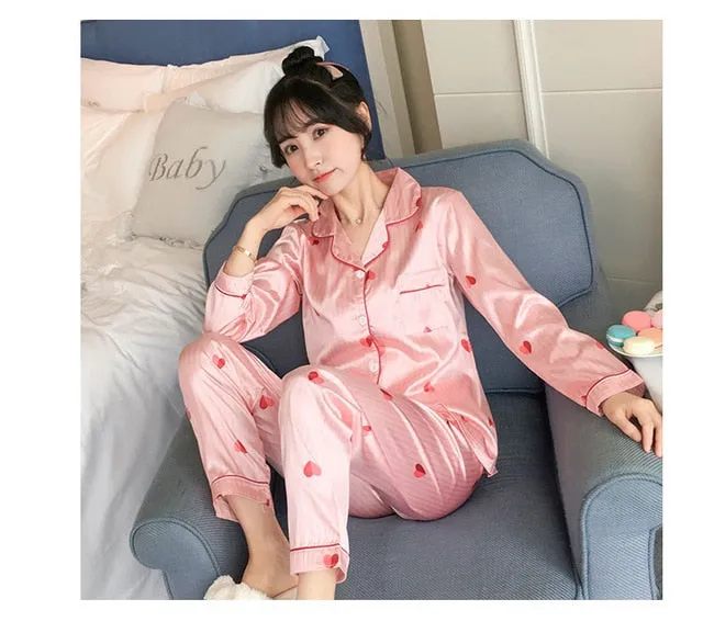 2019 Autumn Women's Pajamas Sets with Flower Print Fashion Luxury Female Faux Silk Two Pieces Shirts   Pants Nighties Sleepwear