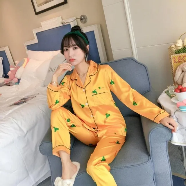 2019 Autumn Women's Pajamas Sets with Flower Print Fashion Luxury Female Faux Silk Two Pieces Shirts   Pants Nighties Sleepwear