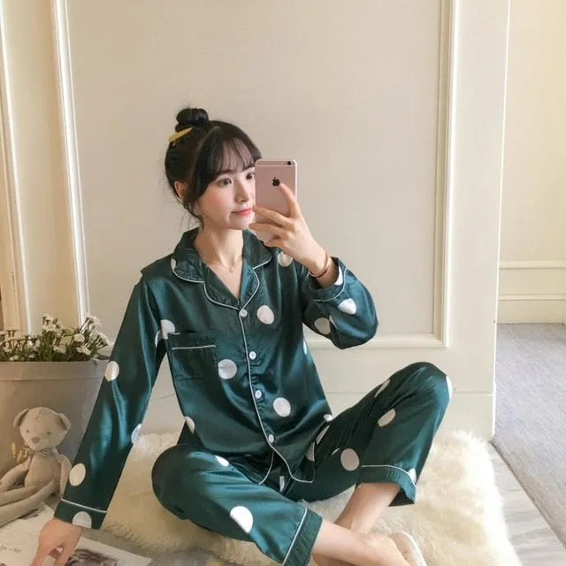 2019 Autumn Women's Pajamas Sets with Flower Print Fashion Luxury Female Faux Silk Two Pieces Shirts   Pants Nighties Sleepwear