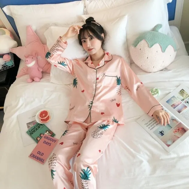 2019 Autumn Women's Pajamas Sets with Flower Print Fashion Luxury Female Faux Silk Two Pieces Shirts   Pants Nighties Sleepwear
