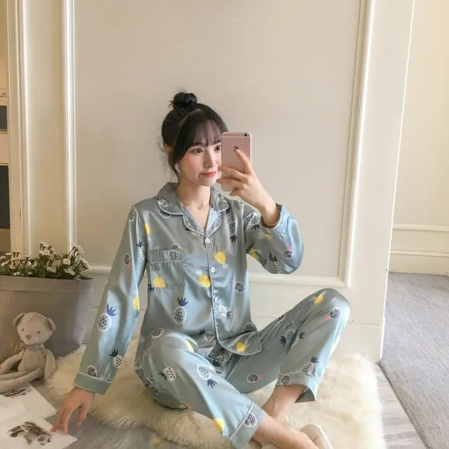 2019 Autumn Women's Pajamas Sets with Flower Print Fashion Luxury Female Faux Silk Two Pieces Shirts   Pants Nighties Sleepwear