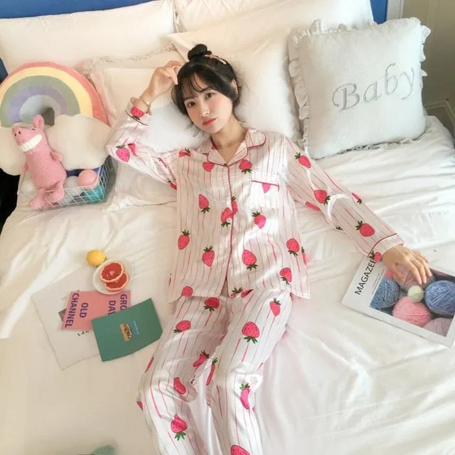 2019 Autumn Women's Pajamas Sets with Flower Print Fashion Luxury Female Faux Silk Two Pieces Shirts   Pants Nighties Sleepwear