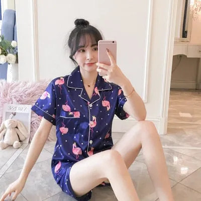 2019 Autumn Women's Pajamas Sets with Flower Print Fashion Luxury Female Faux Silk Two Pieces Shirts   Pants Nighties Sleepwear