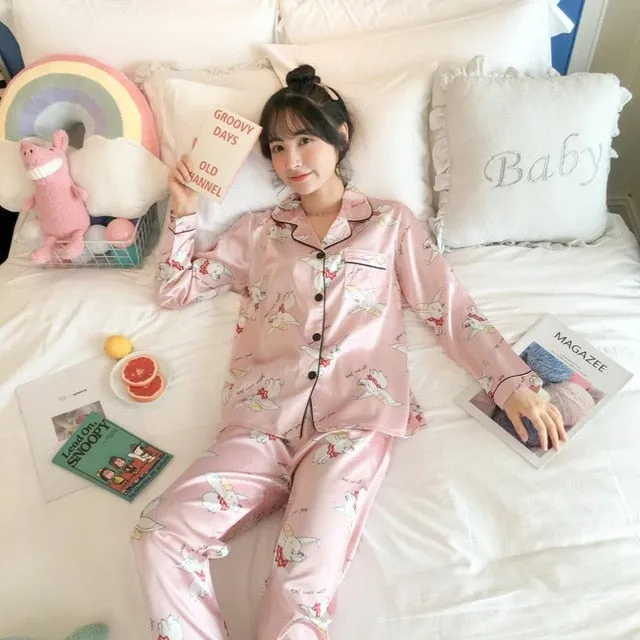 2019 Autumn Women's Pajamas Sets with Flower Print Fashion Luxury Female Faux Silk Two Pieces Shirts   Pants Nighties Sleepwear