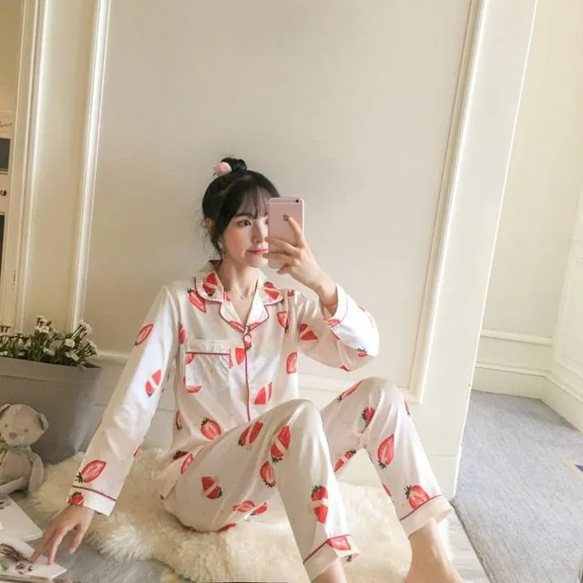 2019 Autumn Women's Pajamas Sets with Flower Print Fashion Luxury Female Faux Silk Two Pieces Shirts   Pants Nighties Sleepwear