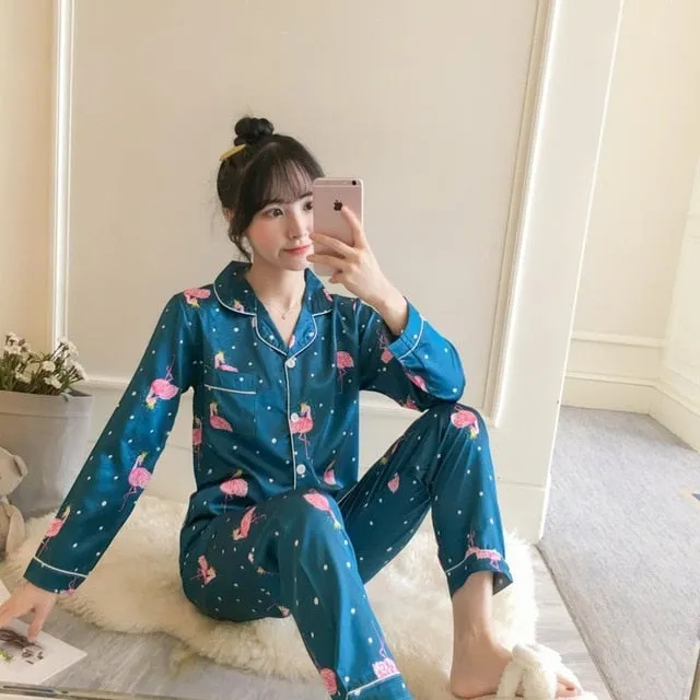 2019 Autumn Women's Pajamas Sets with Flower Print Fashion Luxury Female Faux Silk Two Pieces Shirts   Pants Nighties Sleepwear