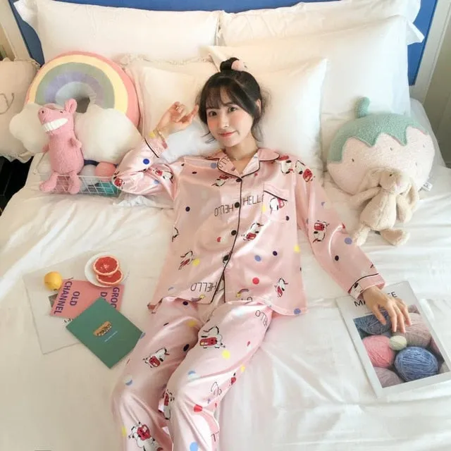 2019 Autumn Women's Pajamas Sets with Flower Print Fashion Luxury Female Faux Silk Two Pieces Shirts   Pants Nighties Sleepwear