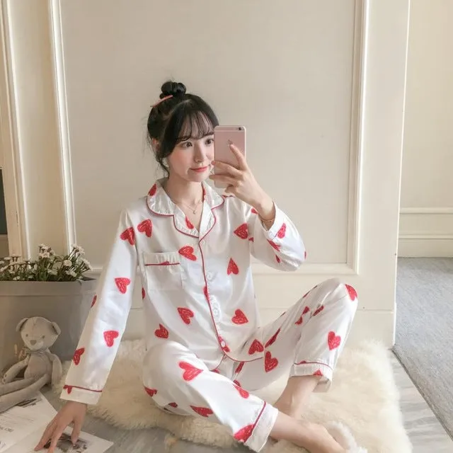 2019 Autumn Women's Pajamas Sets with Flower Print Fashion Luxury Female Faux Silk Two Pieces Shirts   Pants Nighties Sleepwear