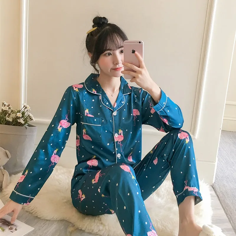 2019 Autumn Women's Pajamas Sets with Flower Print Fashion Luxury Female Faux Silk Two Pieces Shirts   Pants Nighties Sleepwear