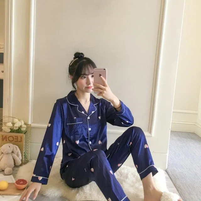 2019 Autumn Women's Pajamas Sets with Flower Print Fashion Luxury Female Faux Silk Two Pieces Shirts   Pants Nighties Sleepwear