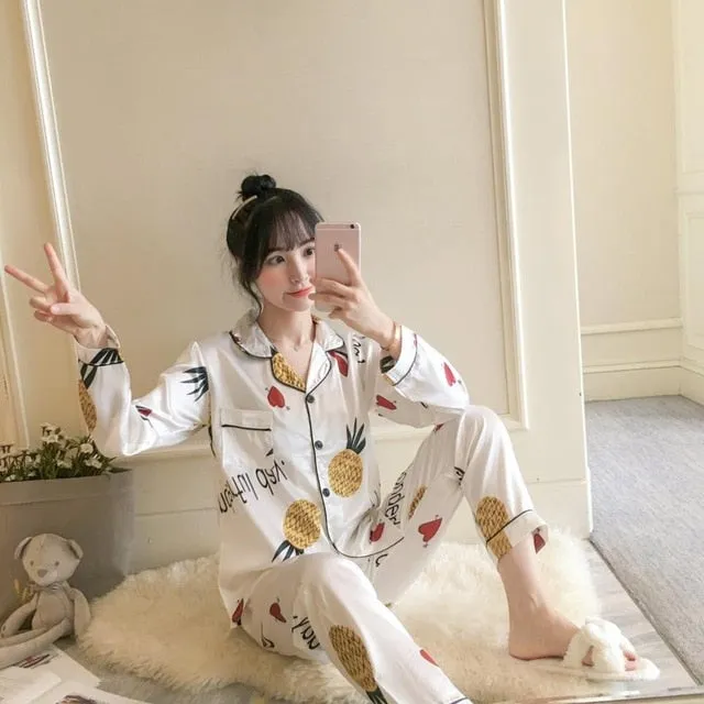 2019 Autumn Women's Pajamas Sets with Flower Print Fashion Luxury Female Faux Silk Two Pieces Shirts   Pants Nighties Sleepwear