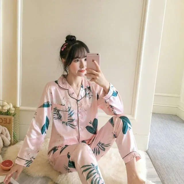 2019 Autumn Women's Pajamas Sets with Flower Print Fashion Luxury Female Faux Silk Two Pieces Shirts   Pants Nighties Sleepwear