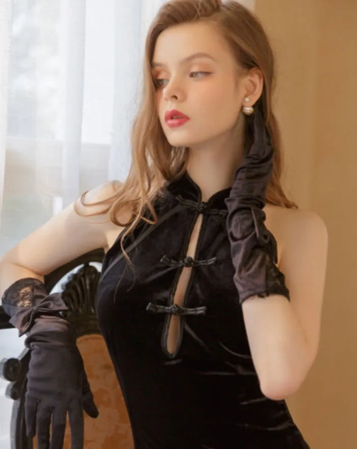 Black Side Split Retro Velvet Cheongsam Dress