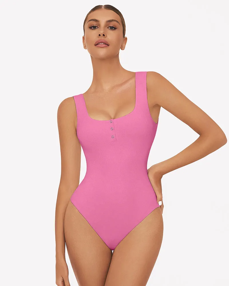 Button Down Square Neck Sleeveless Bodysuit