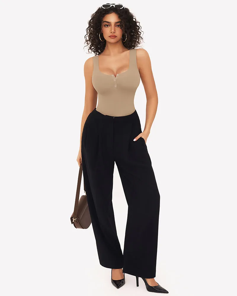 Button Down Square Neck Sleeveless Bodysuit