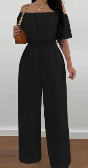 Elegant Off-Shoulder Short Sleeve Waist Cinch Jumpsuit - Solid Color. Machine Washable For Spring Summer Fall