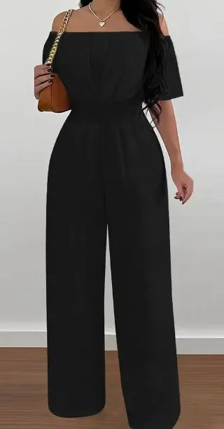 Elegant Off-Shoulder Short Sleeve Waist Cinch Jumpsuit - Solid Color. Machine Washable For Spring Summer Fall