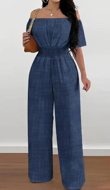 Elegant Off-Shoulder Short Sleeve Waist Cinch Jumpsuit - Solid Color. Machine Washable For Spring Summer Fall