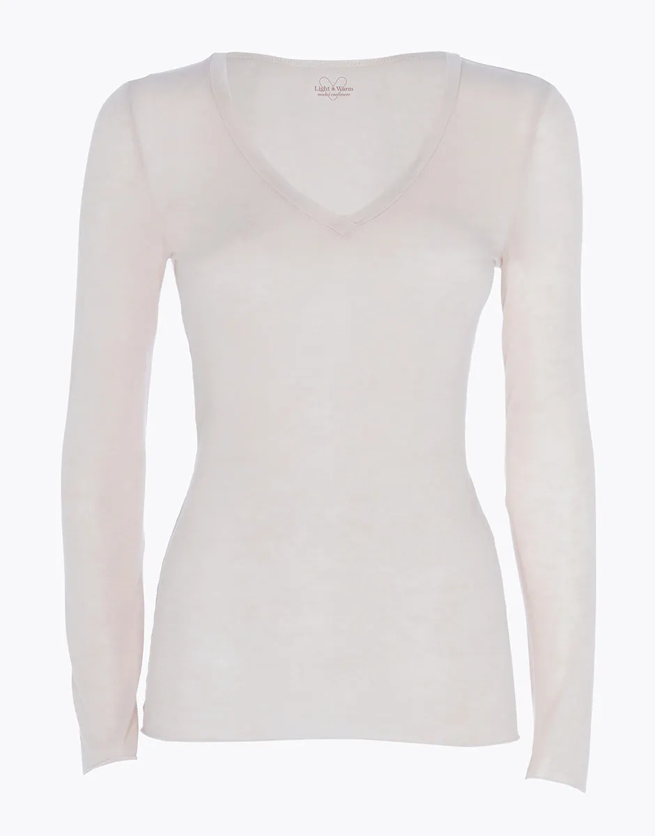 Long-sleeved V-neck jumper in modal and cashmere Beige