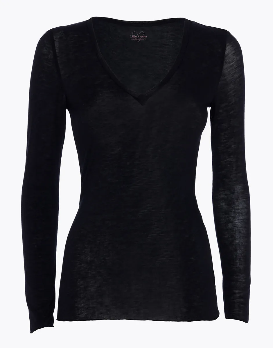 Long-sleeved V-neck jumper in modal and cashmere Black