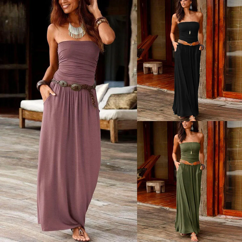 Maxi Dress Tube Top Womens Bandeau Holiday Off Shoulder Long Dress Ladies Summer New Fashion Solid Sundress Vestidos Robe Femme