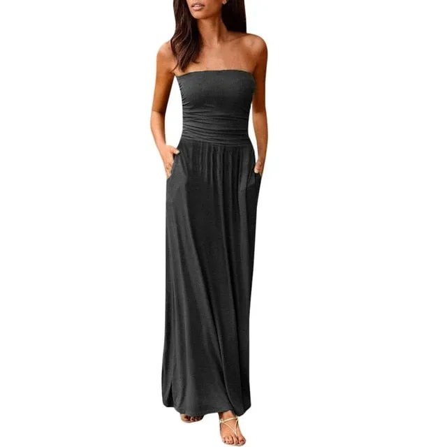 Maxi Dress Tube Top Womens Bandeau Holiday Off Shoulder Long Dress Ladies Summer New Fashion Solid Sundress Vestidos Robe Femme