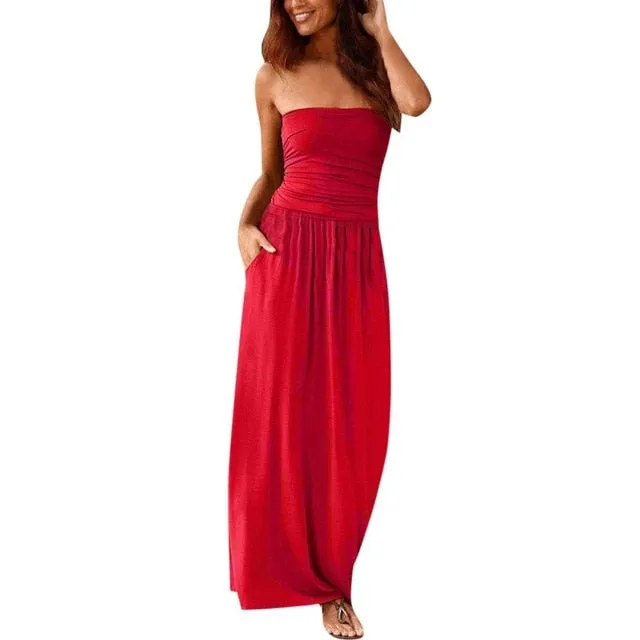 Maxi Dress Tube Top Womens Bandeau Holiday Off Shoulder Long Dress Ladies Summer New Fashion Solid Sundress Vestidos Robe Femme