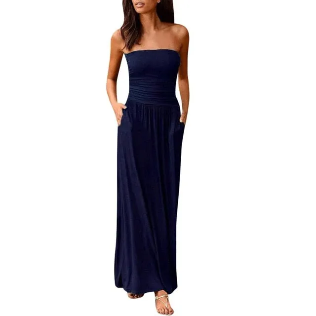 Maxi Dress Tube Top Womens Bandeau Holiday Off Shoulder Long Dress Ladies Summer New Fashion Solid Sundress Vestidos Robe Femme