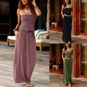 Maxi Dress Tube Top Womens Bandeau Holiday Off Shoulder Long Dress Ladies Summer New Fashion Solid Sundress Vestidos Robe Femme