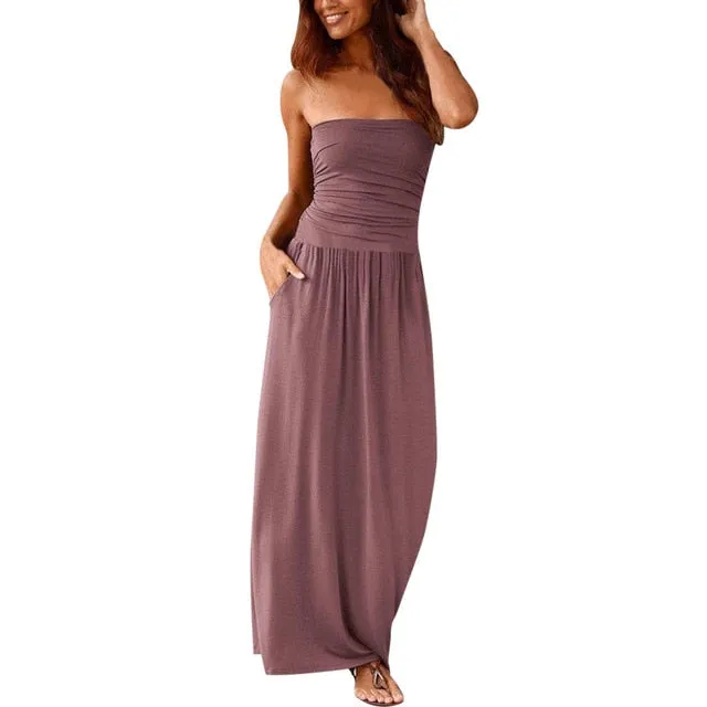 Maxi Dress Tube Top Womens Bandeau Holiday Off Shoulder Long Dress Ladies Summer New Fashion Solid Sundress Vestidos Robe Femme