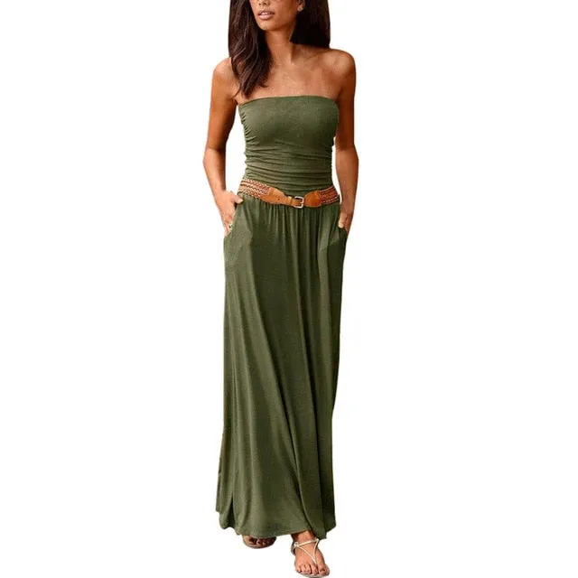 Maxi Dress Tube Top Womens Bandeau Holiday Off Shoulder Long Dress Ladies Summer New Fashion Solid Sundress Vestidos Robe Femme