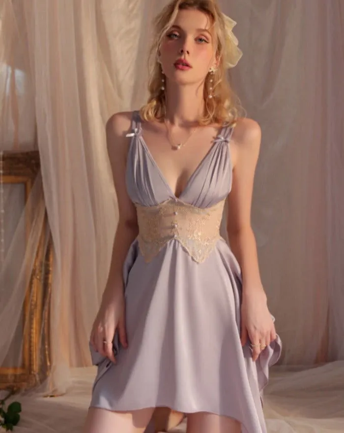 Muted Grey Silky Loose Nightgown with Lace detail