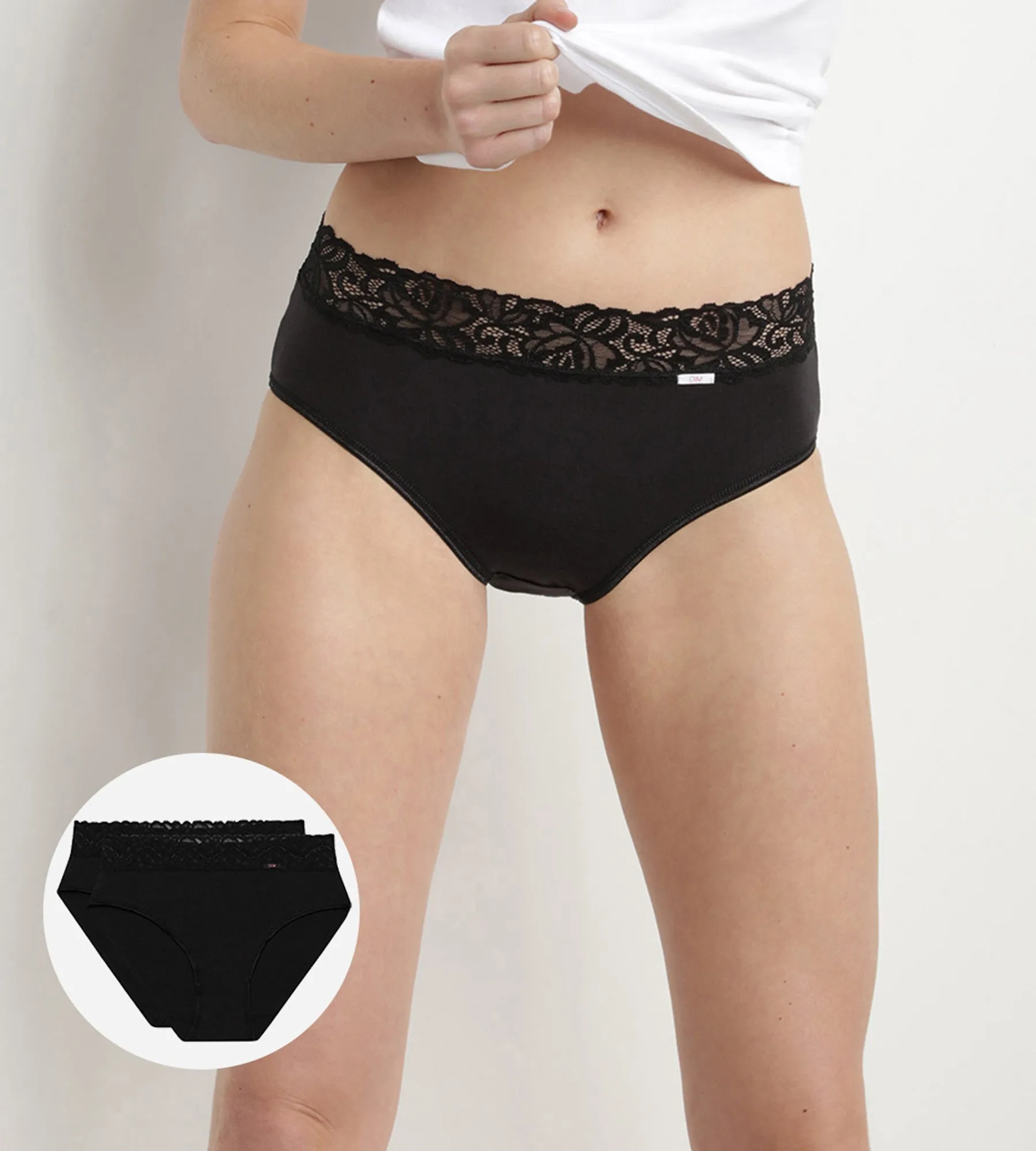 Pack of 2 pairs of Coton Plus Fminine high rise bikini knickers in black