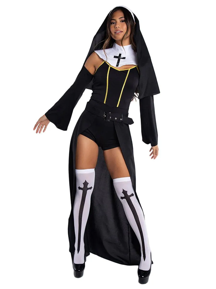 Sister Nun Cosplay Bodysuit with Open Skirt