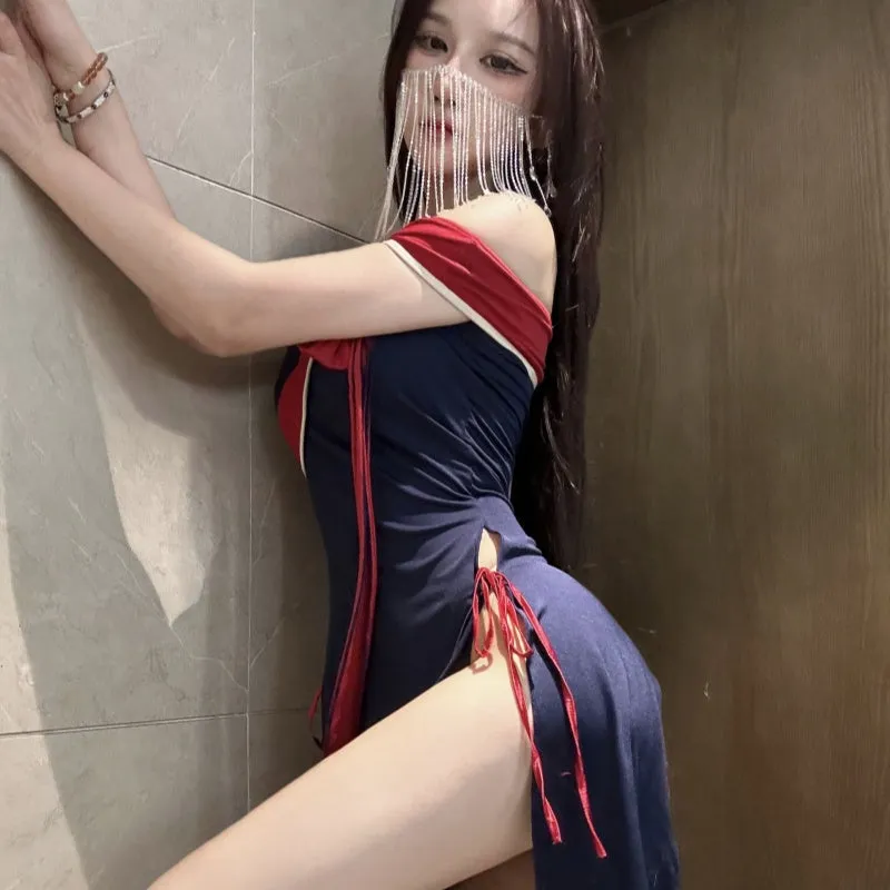 T-5432 Erotic lingerie new sexy bandeau cheongsam long skirt passion tie tassel bow nightdress