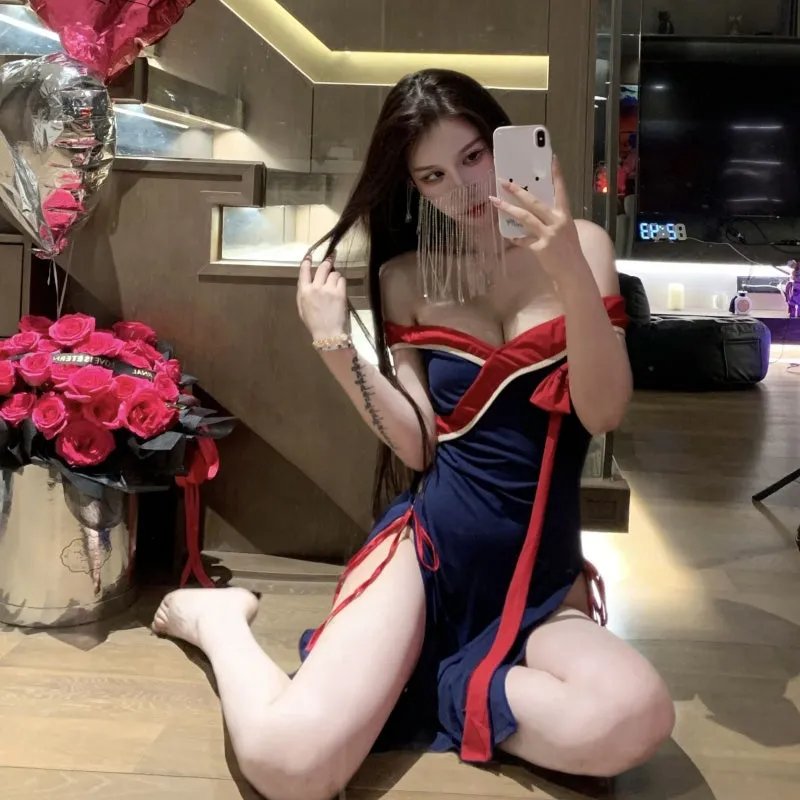 T-5432 Erotic lingerie new sexy bandeau cheongsam long skirt passion tie tassel bow nightdress