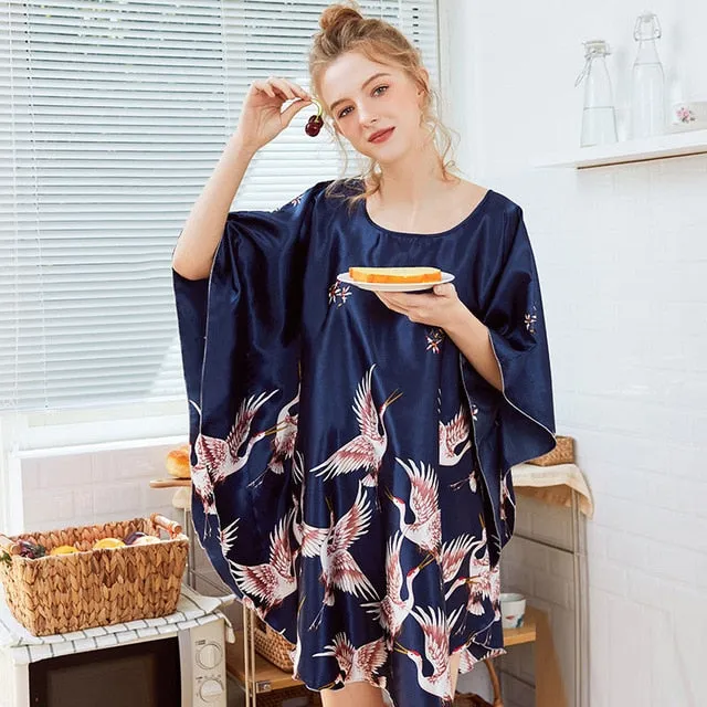 Women Sexy Nightwear Satin Silk Sleepwear Bat Sleeve Knee Length Sleepshirts Crane Nightdress Lingerie Night Wear Dress Gown