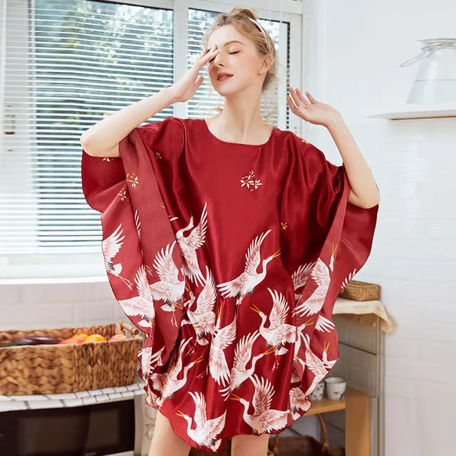 Women Sexy Nightwear Satin Silk Sleepwear Bat Sleeve Knee Length Sleepshirts Crane Nightdress Lingerie Night Wear Dress Gown