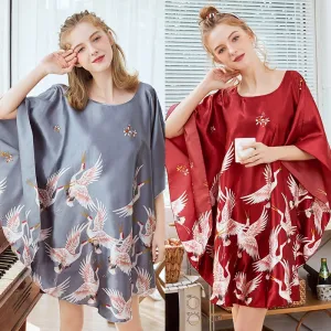 Women Sexy Nightwear Satin Silk Sleepwear Bat Sleeve Knee Length Sleepshirts Crane Nightdress Lingerie Night Wear Dress Gown