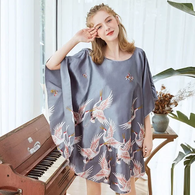 Women Sexy Nightwear Satin Silk Sleepwear Bat Sleeve Knee Length Sleepshirts Crane Nightdress Lingerie Night Wear Dress Gown