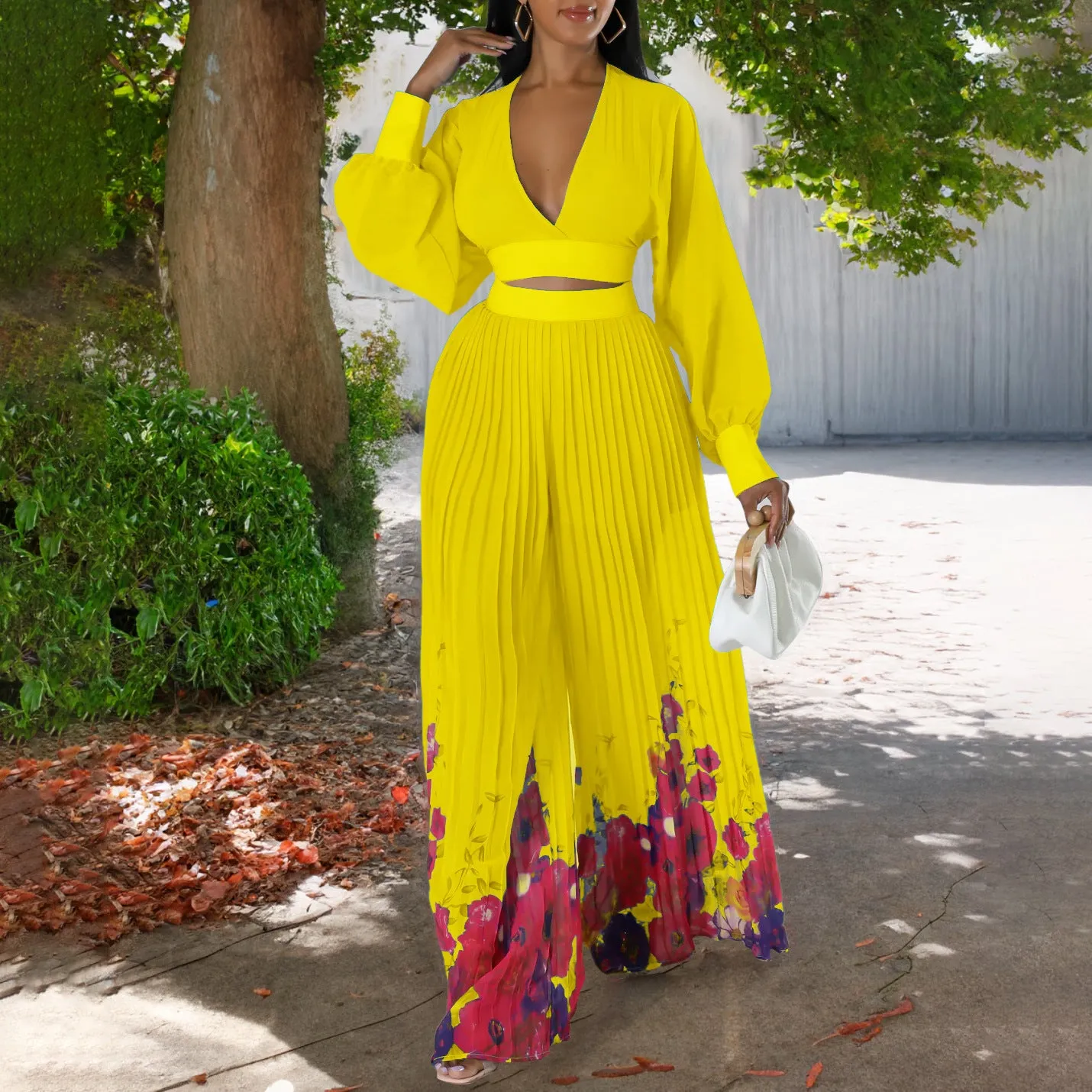 Women's Fashionable Elegant Chiffon V-neck Pleated Top Printed Wide-leg Pants Suit